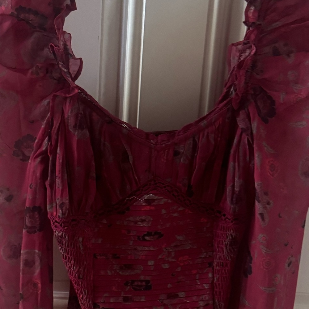 FREE PEOPLE BRUNCH DATE FLORAL PUFF SLEEVE BODYSUIT MERLOT XS - Picture 7 of 7